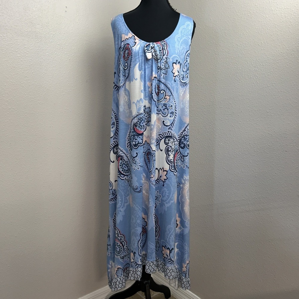 Ellen Tracy Dress Women's Large Blue Paisley Tie Front Stretch Ruffle Hem Casual